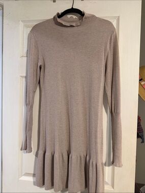 sundays Beige Long Sleeve Ruffle-Hem Mini Dress